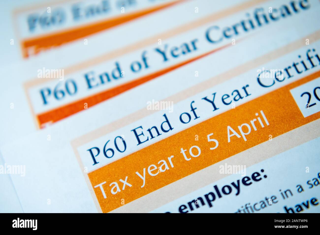HMRC P60 End of Year Certificates. Macro photo with selective focus. Stock Photo