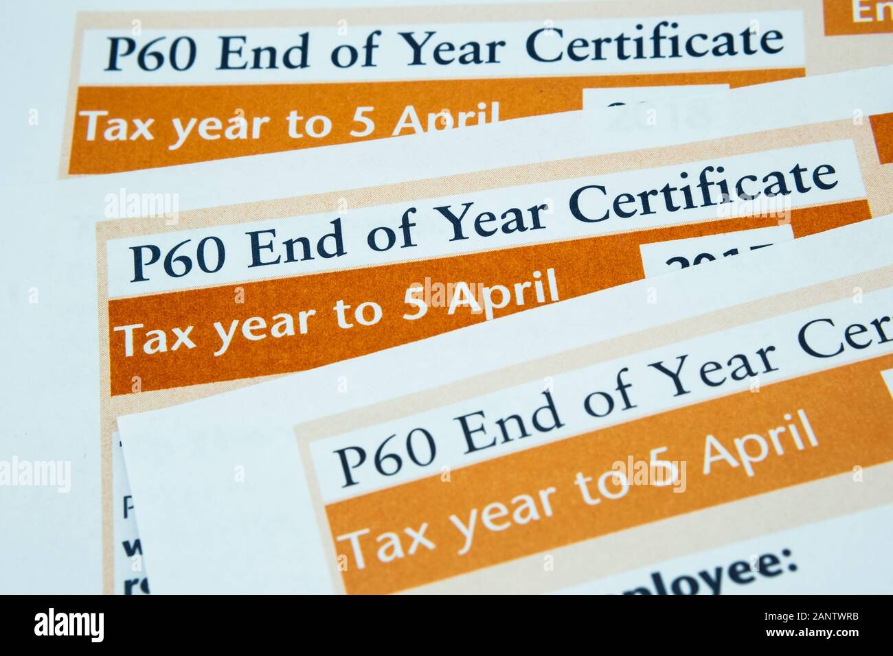HMRC P60 End of Year Certificates. Macro photo with selective focus. Stock Photo