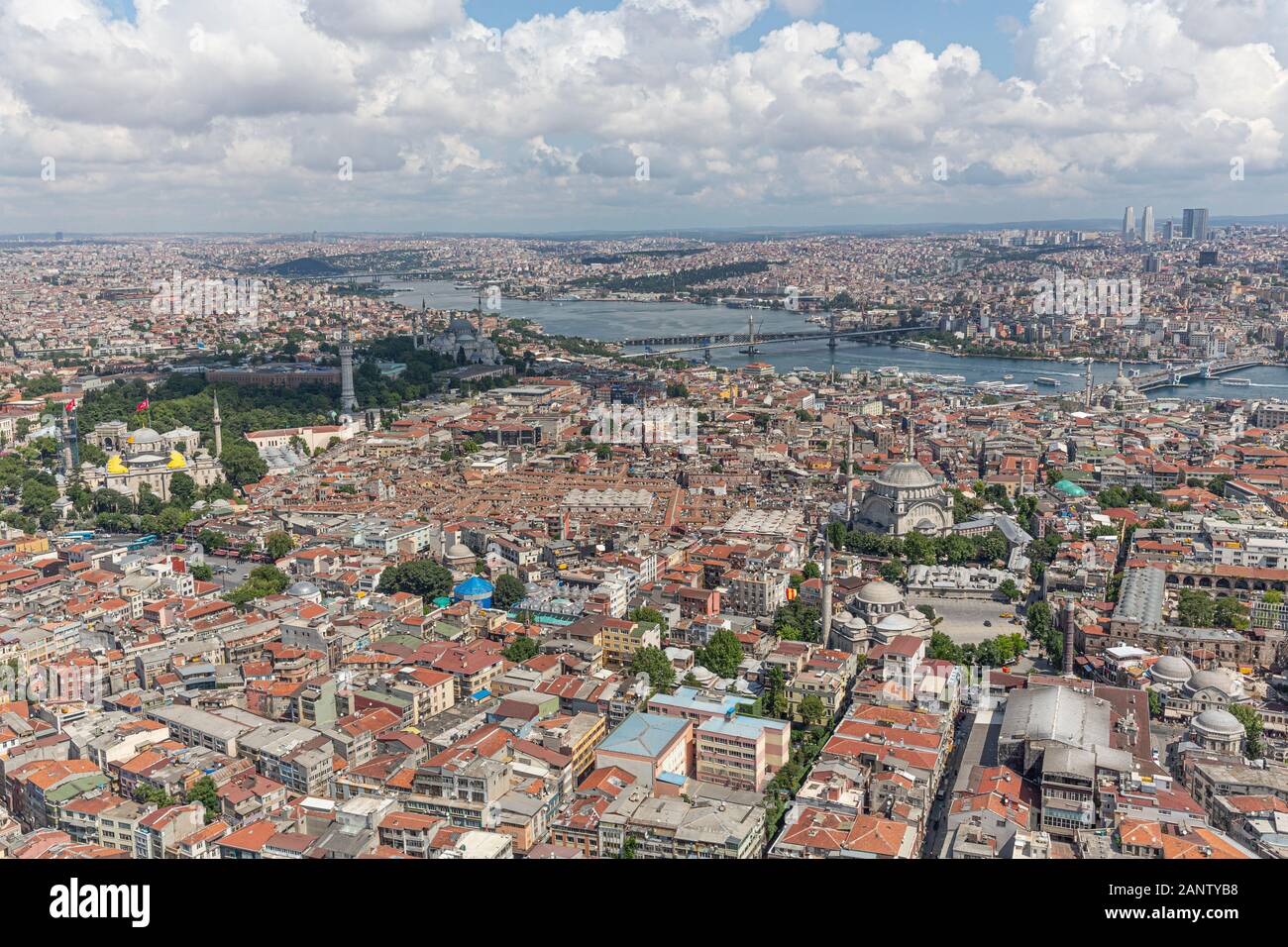 Istanbul aerial photo; Sultanahmet Square, Cemberlitas, Grand Bazaar, Beyazit Square, view from helicopter. Stock Photo