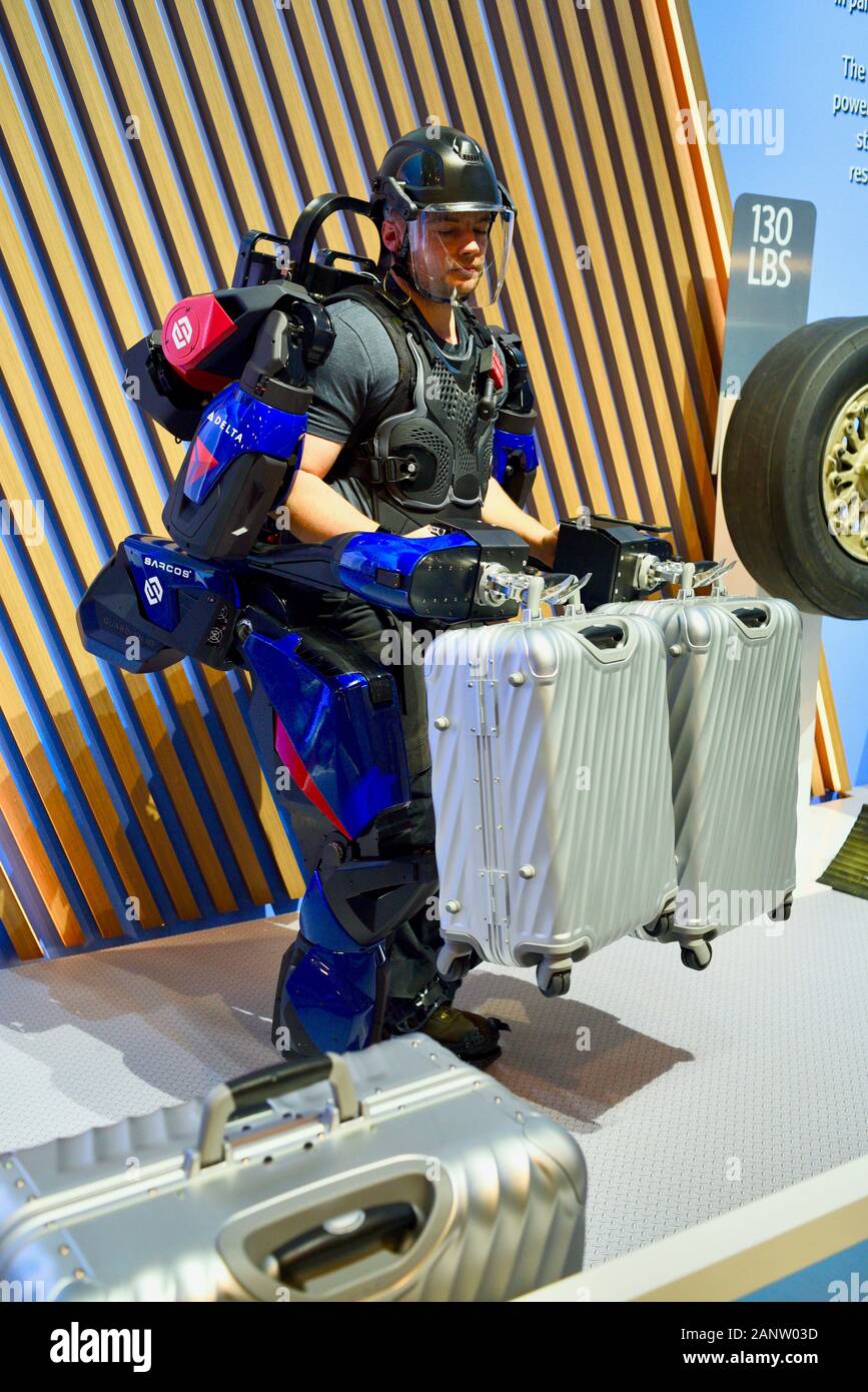 Demonstration of strength of Sarcos Guardian XO full-body powered  exoskeleton, soon to be used by Delta Airlines for baggage, at CES, Las  Vegas, USA Stock Photo - Alamy