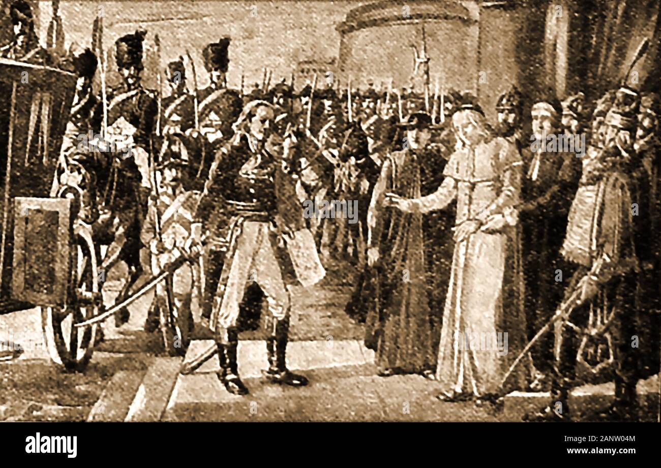 An old print showing the Pope Pius VI being arrested by French General Berthier in 1798,1st Prince of Wagram . Louis-Alexandre Berthier (1753-1815)   was a French Marshal and Vice-Constable of the Empire, as well as  Chief of Staff under Napoleon.upon his refusal to renounce his temporal power, Pius (Count Giovanni Angelo Braschi) who had the fourth  longest Papal reign in history was taken prisoner and transported to France. He died a year later in Valence Stock Photo