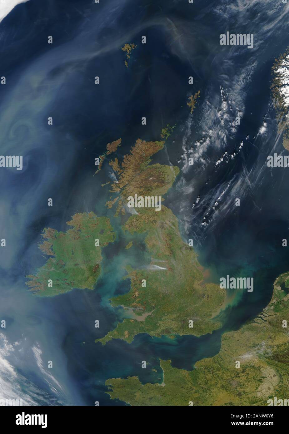 Satellite view of the British Isles from April 2015 some wildfires are visible in the north of England and Scotland Stock Photo