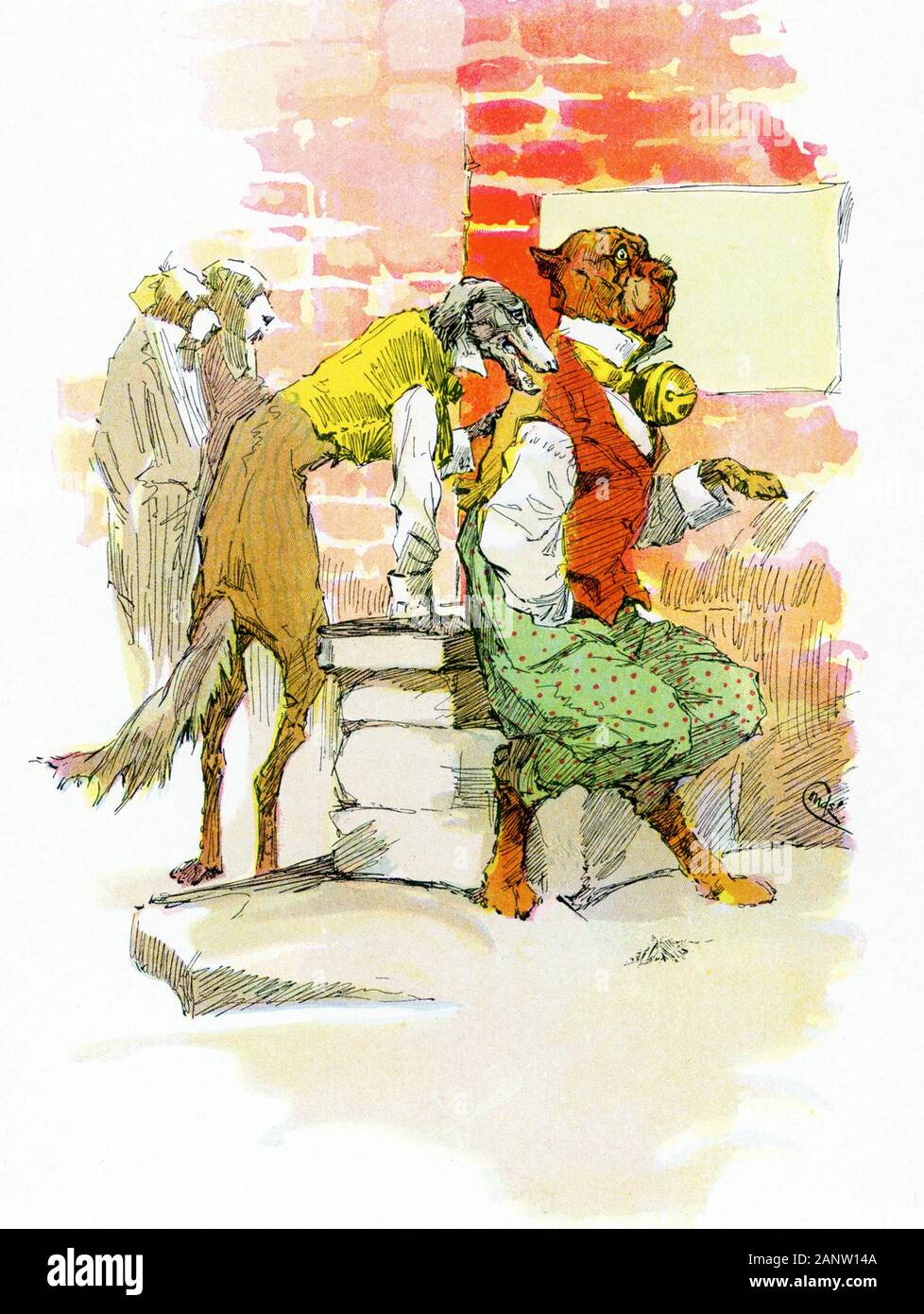 J.M. Conde illustrated the tales of the legendary Greek fablist Aesop, including the story of the Mischievous Dog, with its moral 'Notoriety is often mistaken for fame.' Conde published his drawings in 1905 in New York. Aesop was a sixth-century B.C. legendary composer of Greek fables, whose characters were animals. Each fable had a moral. It was said that  Aesop was a slave and had been freed by his master. Stock Photo