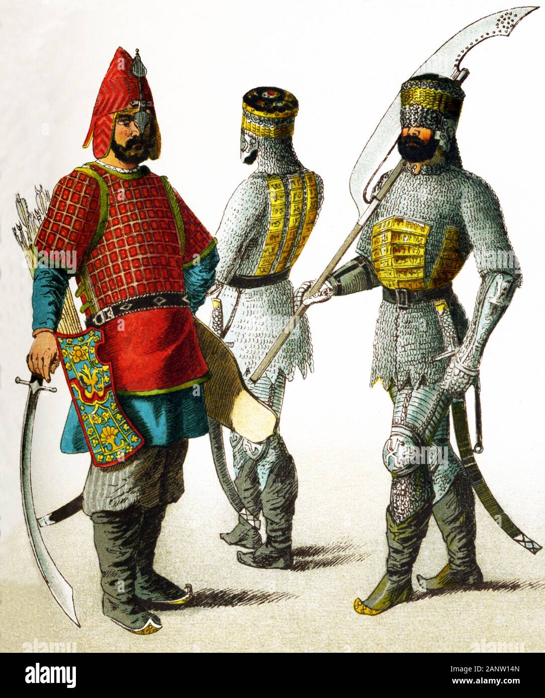 The figures here represent Slavonic warriors in A.D. 1400. They are, from left to right: three Russian warriors. The illustration dates to 1882. Stock Photo