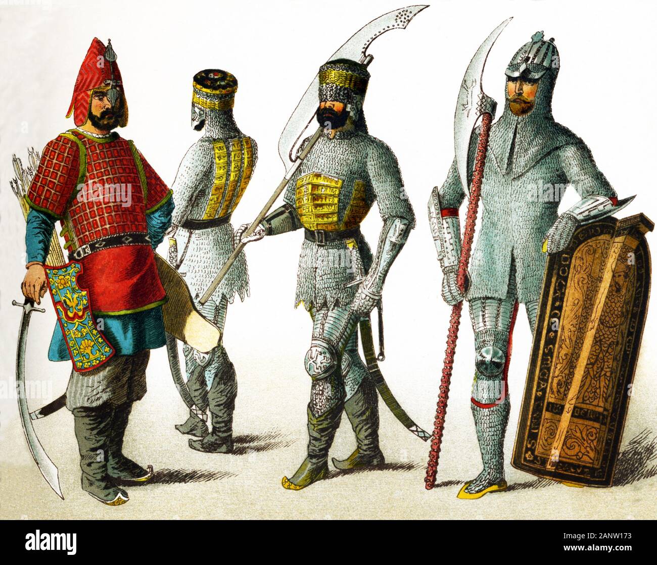 The figures here represent Slavonic warriors in A.D. 1400. They are, from left to right: three Russian warriors and one Bohemian warrior. Bohemia is  an historic province in western Czechoslovakia with its capital at  Prague. The illustration dates to 1882. Stock Photo