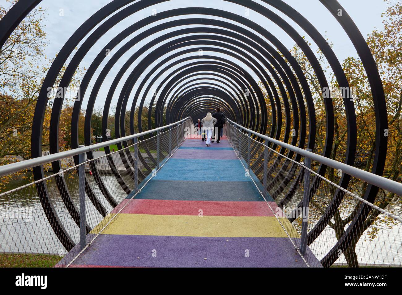 Slinky Springs to Fame, pedestrian bridge by Tobias Rehberger, Rhine-Herne Canal, Oberhausen,  Germany Stock Photo