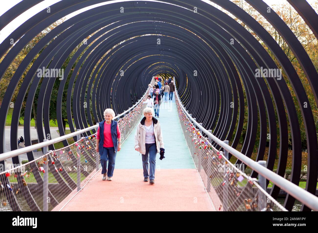 Slinky Springs to Fame, pedestrian bridge by Tobias Rehberger, Rhine-Herne Canal, Oberhausen,  Germany Stock Photo