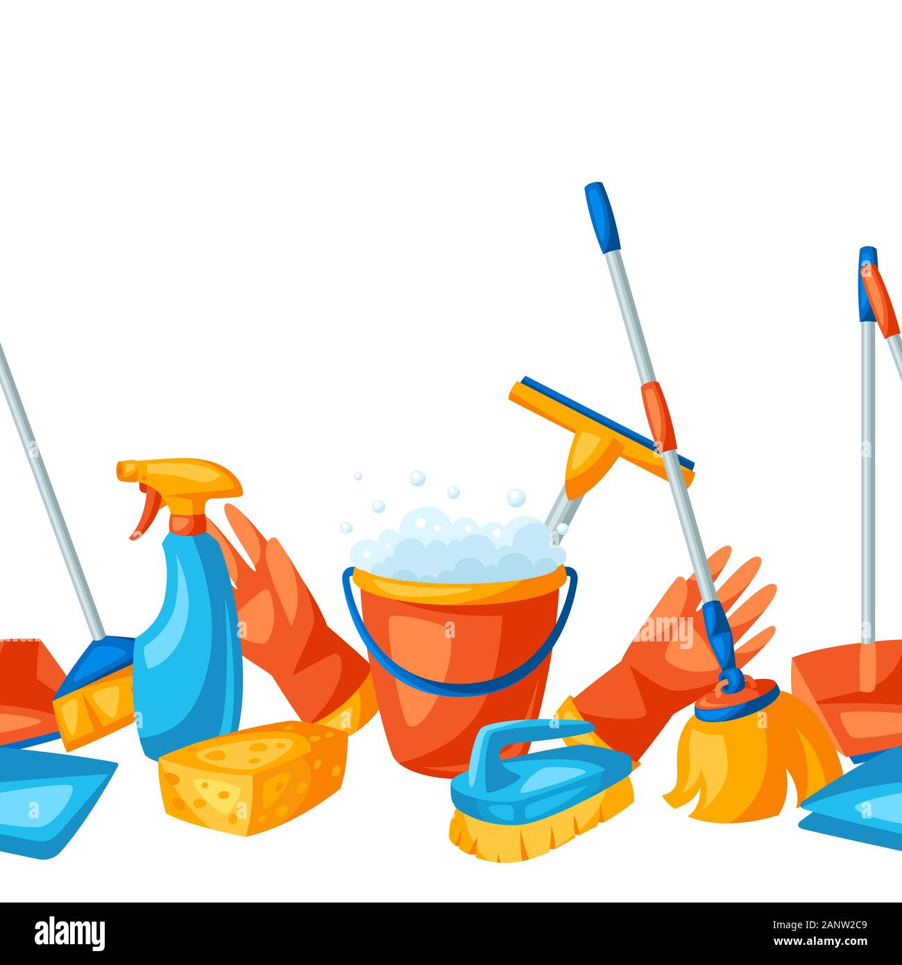 Housekeeping seamless pattern with cleaning items. Stock Vector