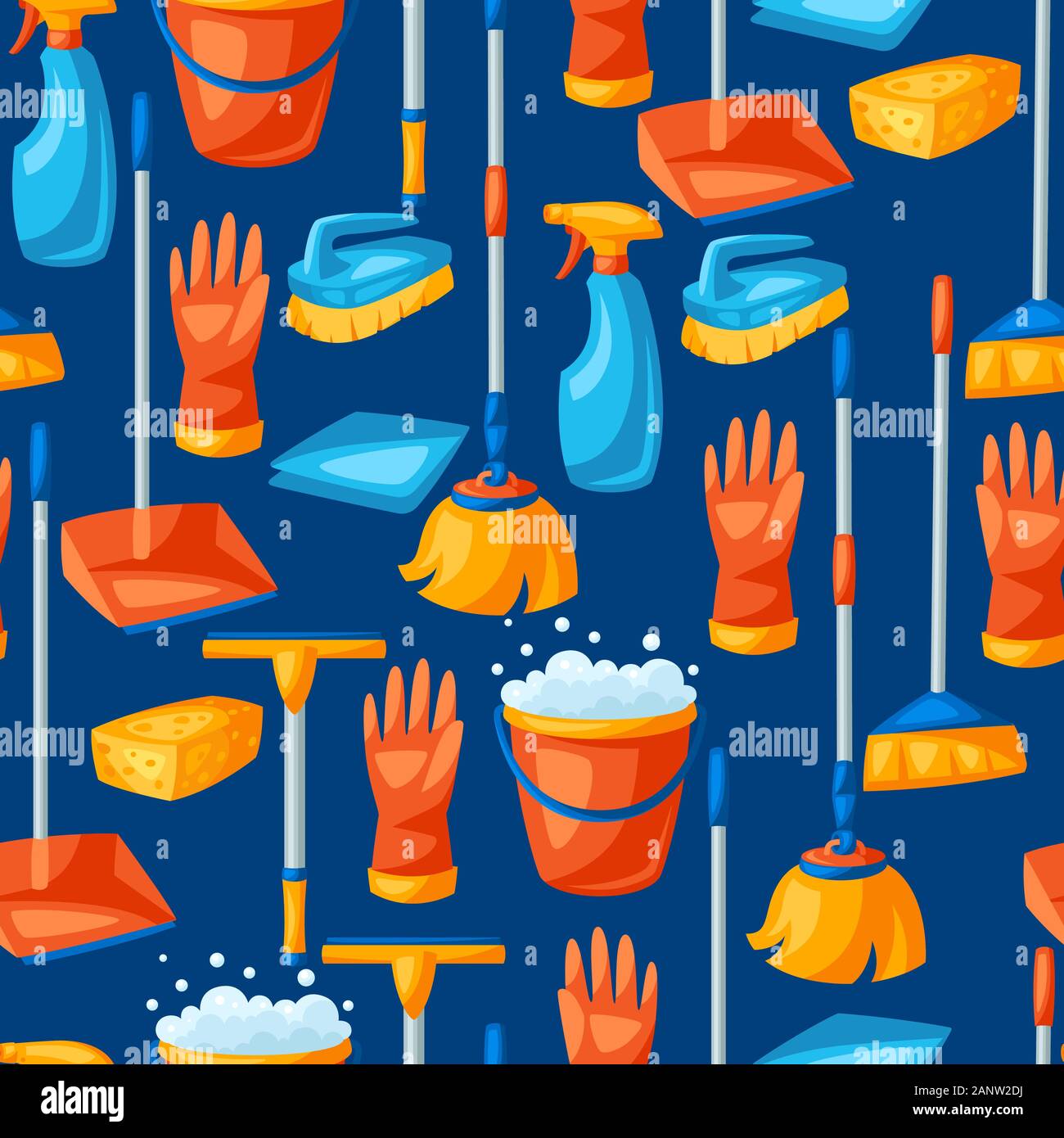 Housekeeping seamless pattern with cleaning items. Stock Vector