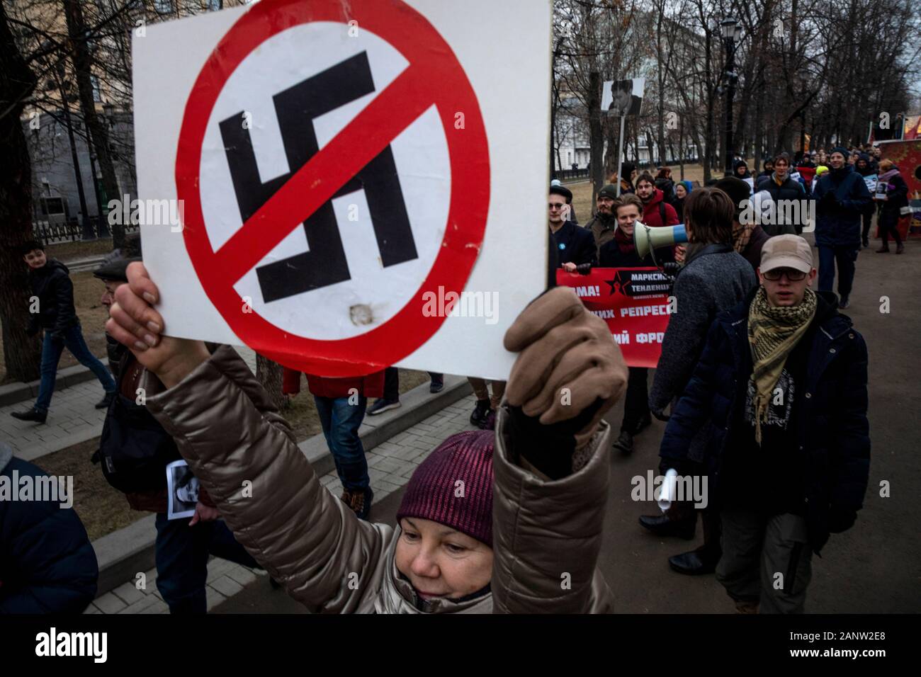 Moscow, Russia. 19th of January, 2020 People take part in a march in memory of lawyer Stanislav Markelov and journalist Anastasia Baburova in Tverskoy Boulevard in central Moscow, Russia Stock Photo