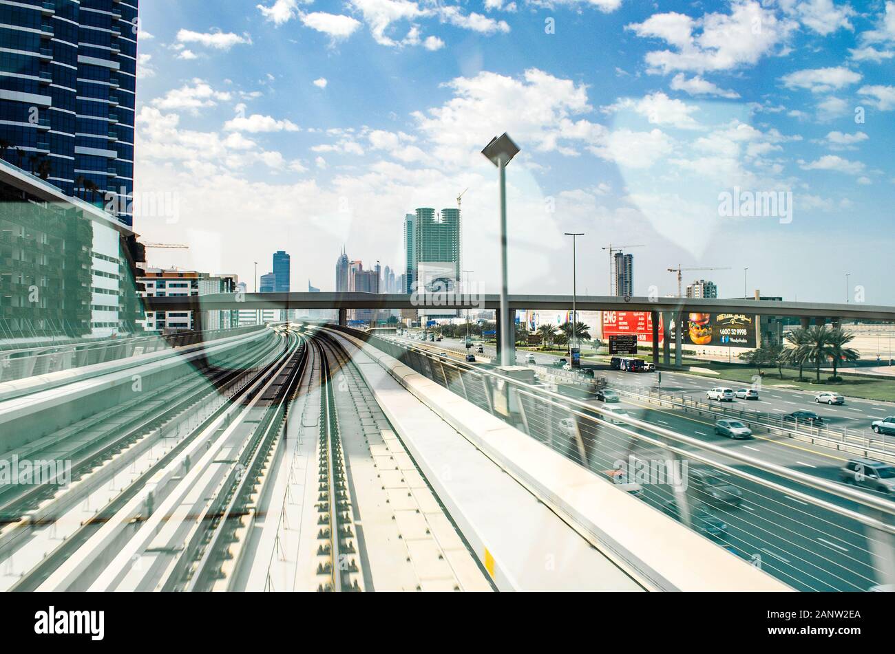 Onboard Dubai Metro front platform view in Dubai United Arab Emirates