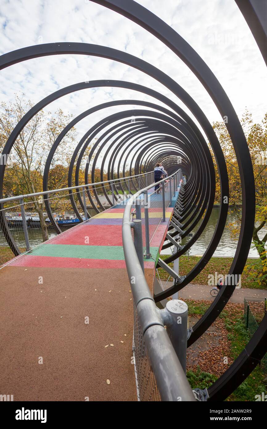 Slinky Springs to Fame, pedestrian bridge by Tobias Rehberger, Rhine-Herne Canal, Oberhausen,  Germany Stock Photo