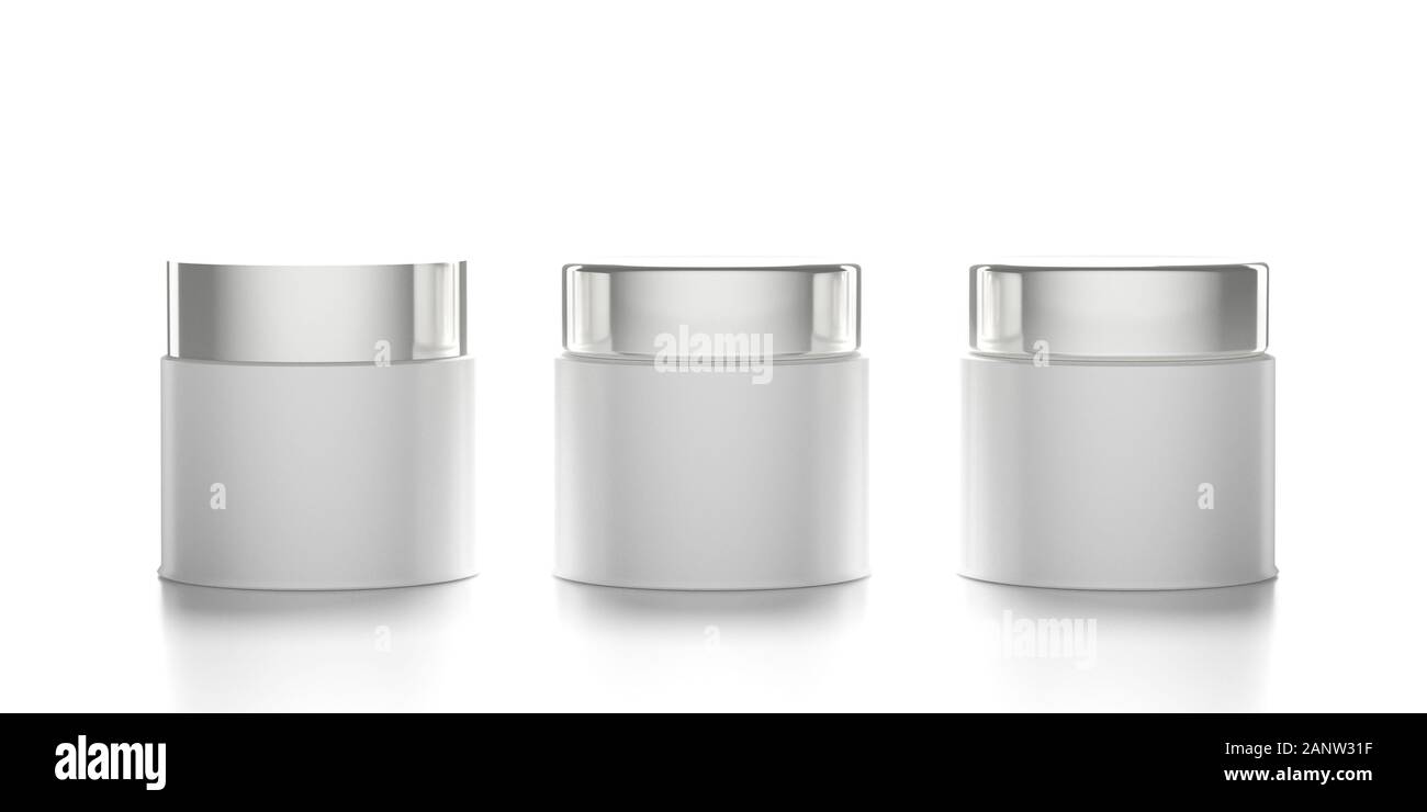 Cream cosmetic container template. Jars closed with lids isolated against white background. Beauty skincare pot mockup concept. 3d illustration Stock Photo