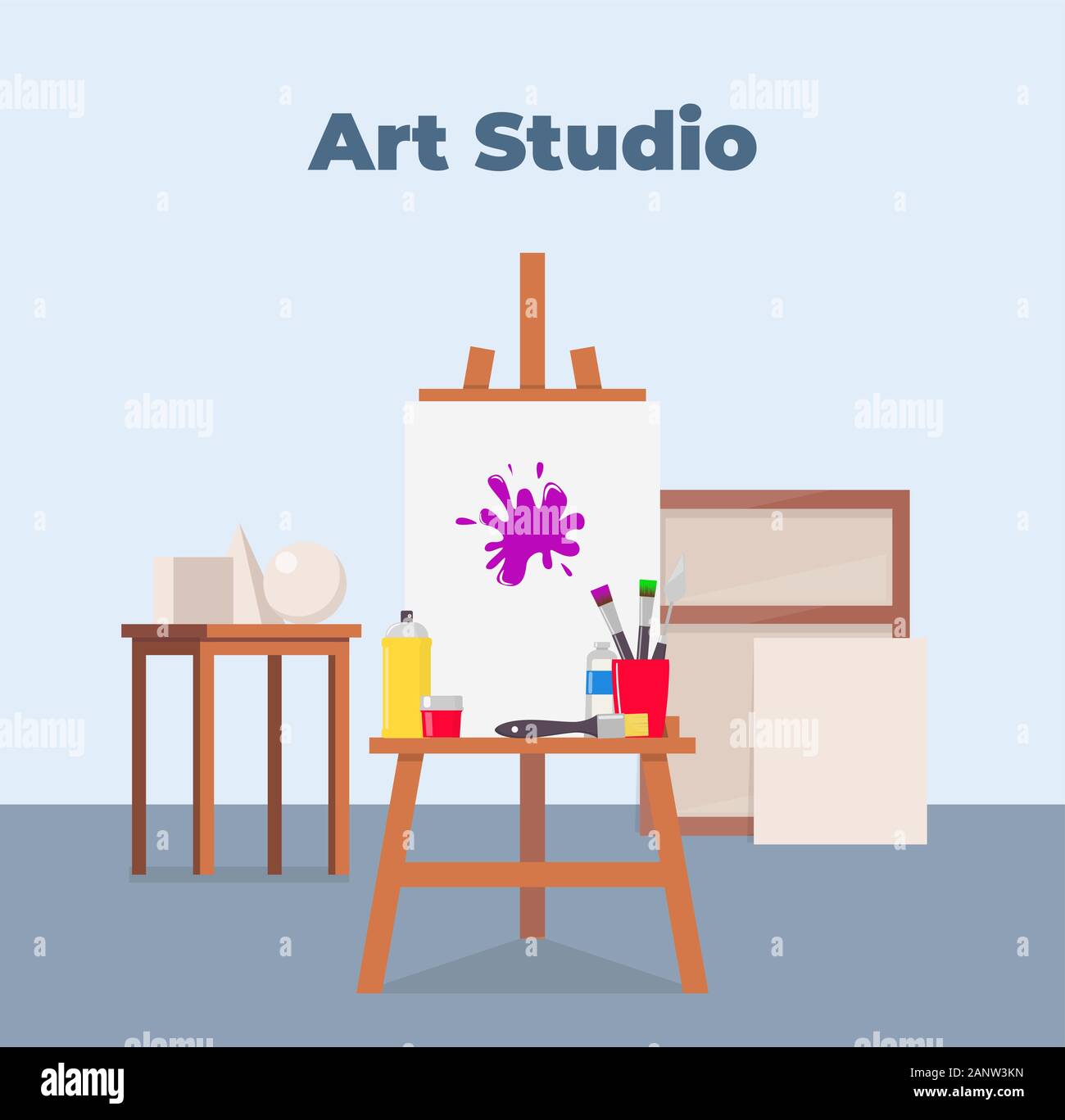 Art studio interior. Easel, canvas, paint and all necessary tools for drawing. Beautiful composition for advertising art studio. Vector flat illustrat Stock Vector