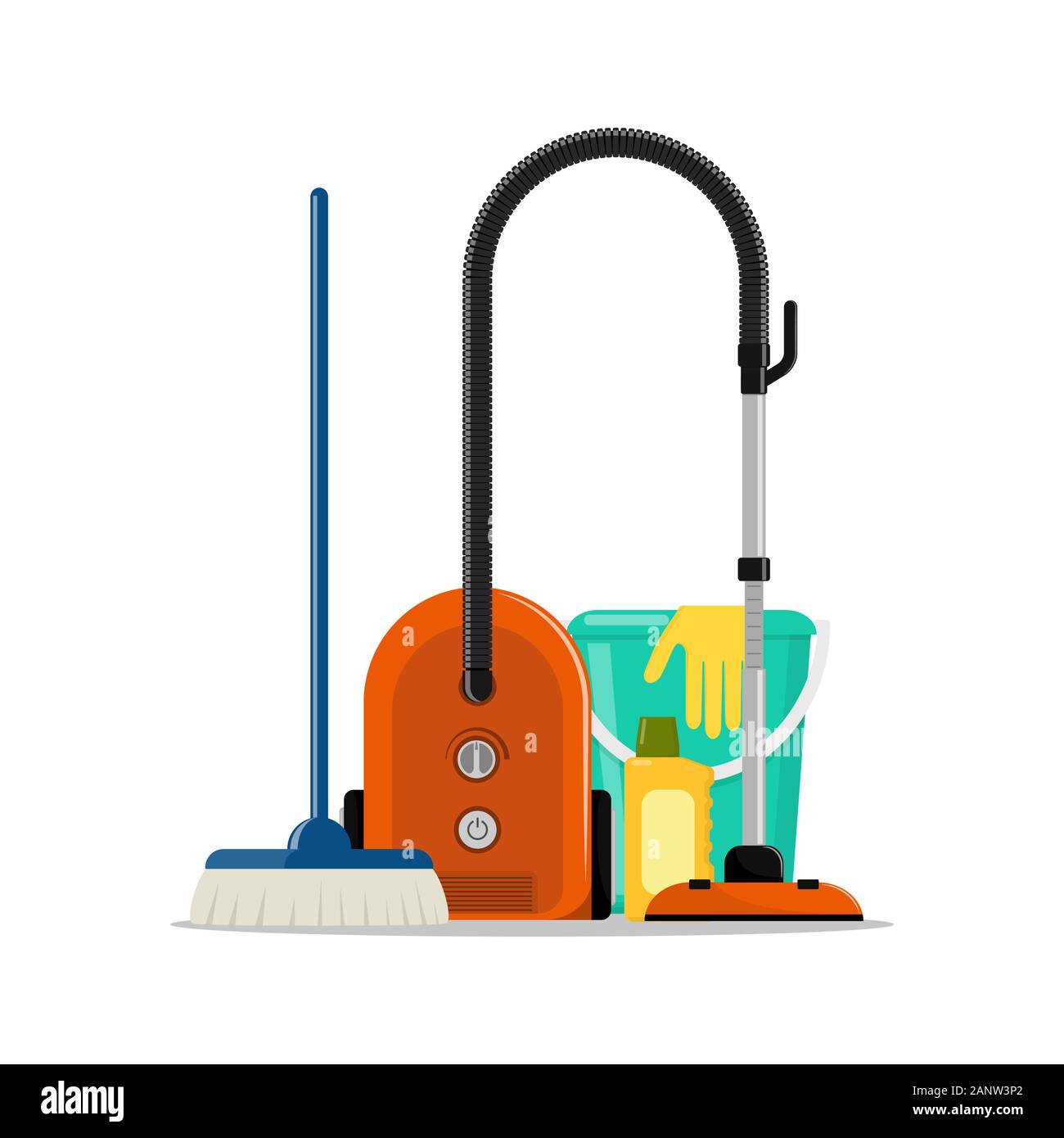 Spring cleaning concept. Bucket, brush, rubber gloves, hoover Vector