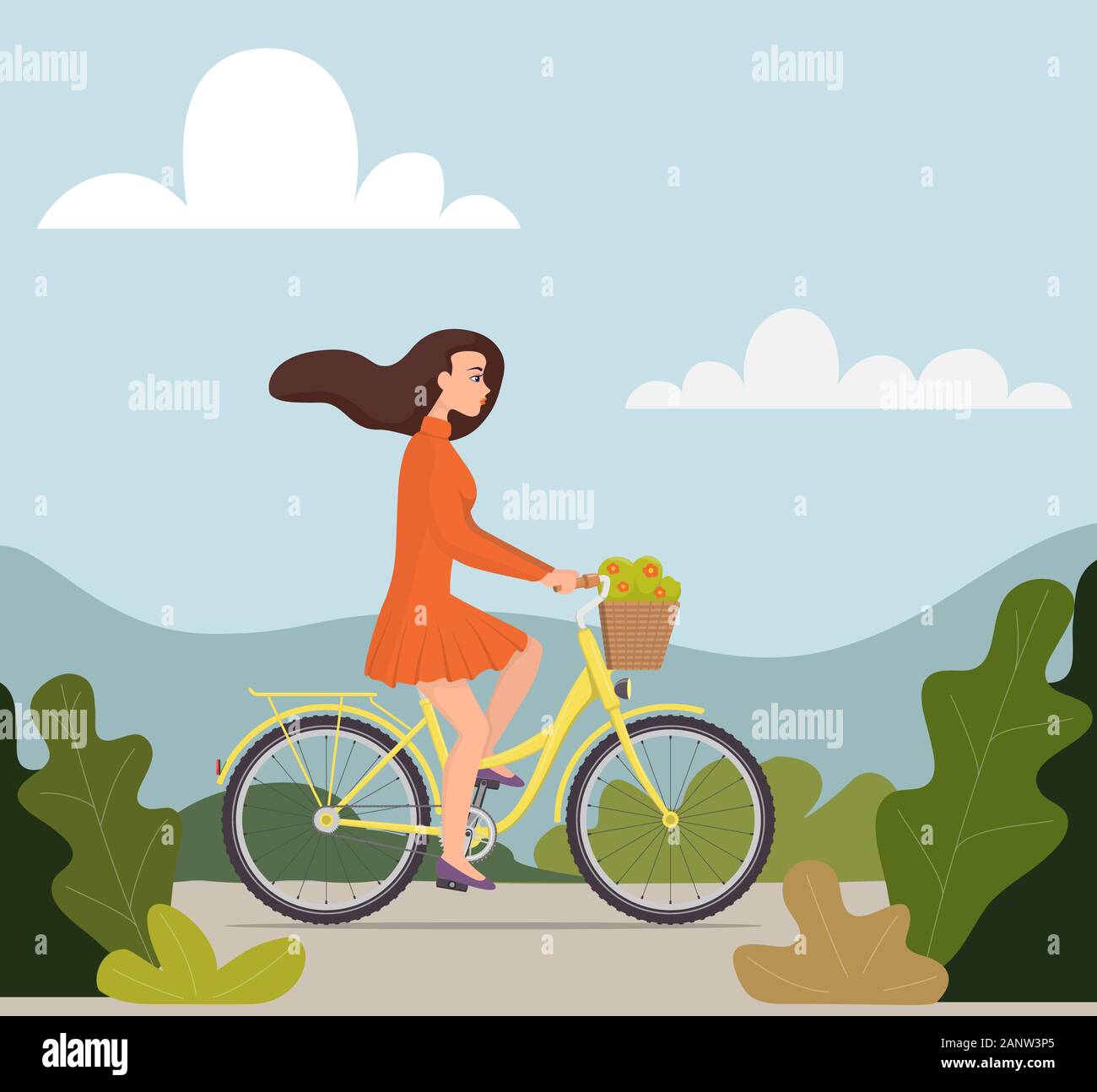 Beautiful young woman riding on a bicycle with flowers in a basket. Pretty girl in nice dress with fluttering hair in the wind rushes on bike. Vector Stock Vector