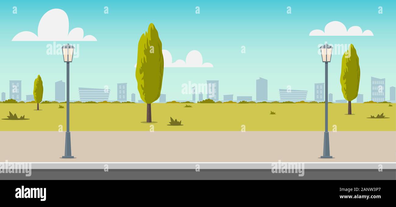 Road empty city street. Empty street or alley in a city park. Street on a Sunny summer day. Flat Vector Illustration, background for an animated video Stock Vector