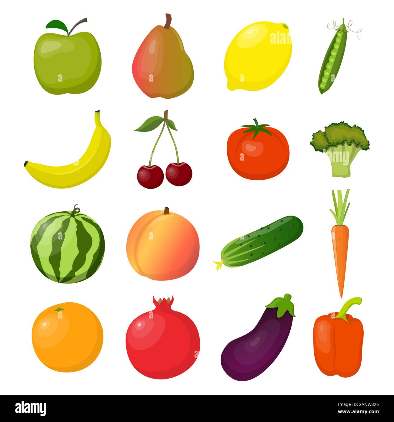 Set of fresh fruits and vegetables, bright and colorful, isolated on white. Vector flat illustration Stock Vector