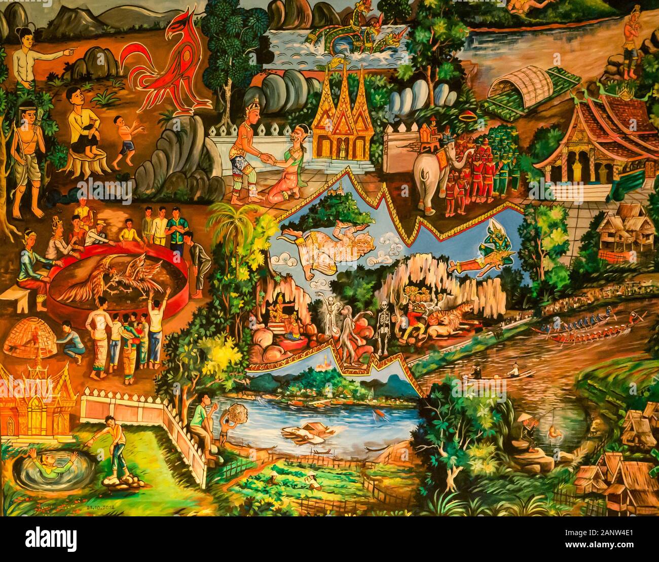 Colourful hanging depicting local folklore, way of life & storytelling, Luang Prabang, Laos, Southeast Asia Stock Photo