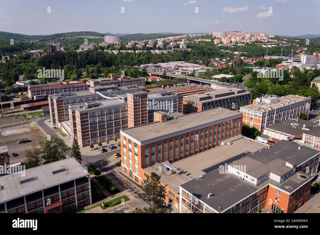 Traditional Zlin red brick buildings exterior, former shoe factory, Moravia, Czech Republic, sunny summer day, aerial view Stock Photo