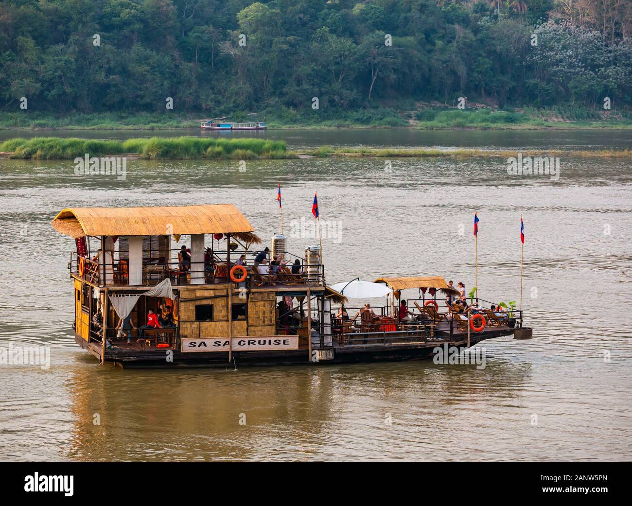 Tourists Of Sunset River Cruise Boat On Mekong River Luang Prabang
