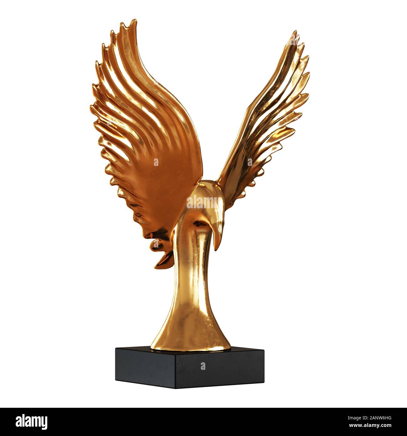 A golden eagle figurine with open wings on a black stand on white
