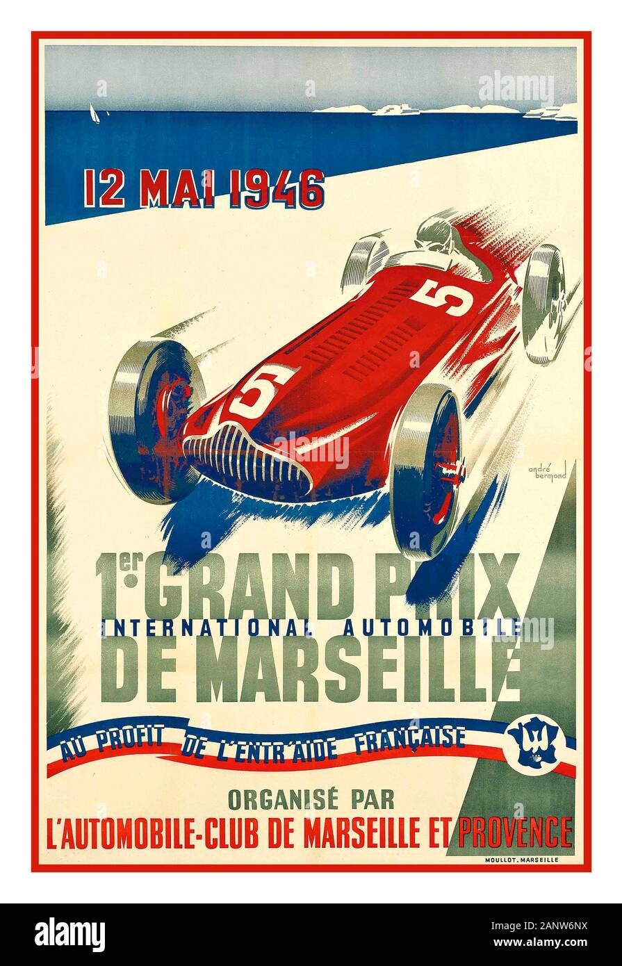 Vintage 1940's Grand Prix de Marseille motor racing poster 1er GRAND PRIX DE MARSEILLE Vintage 1946 advertising poster by Andre Bermond promoting the first Grand Prix held in Marseille, France and organized by the Marseille and Provence Automobile Club. lithograph in colours, 1946, printed by Moullot, Marseille, France Stock Photo