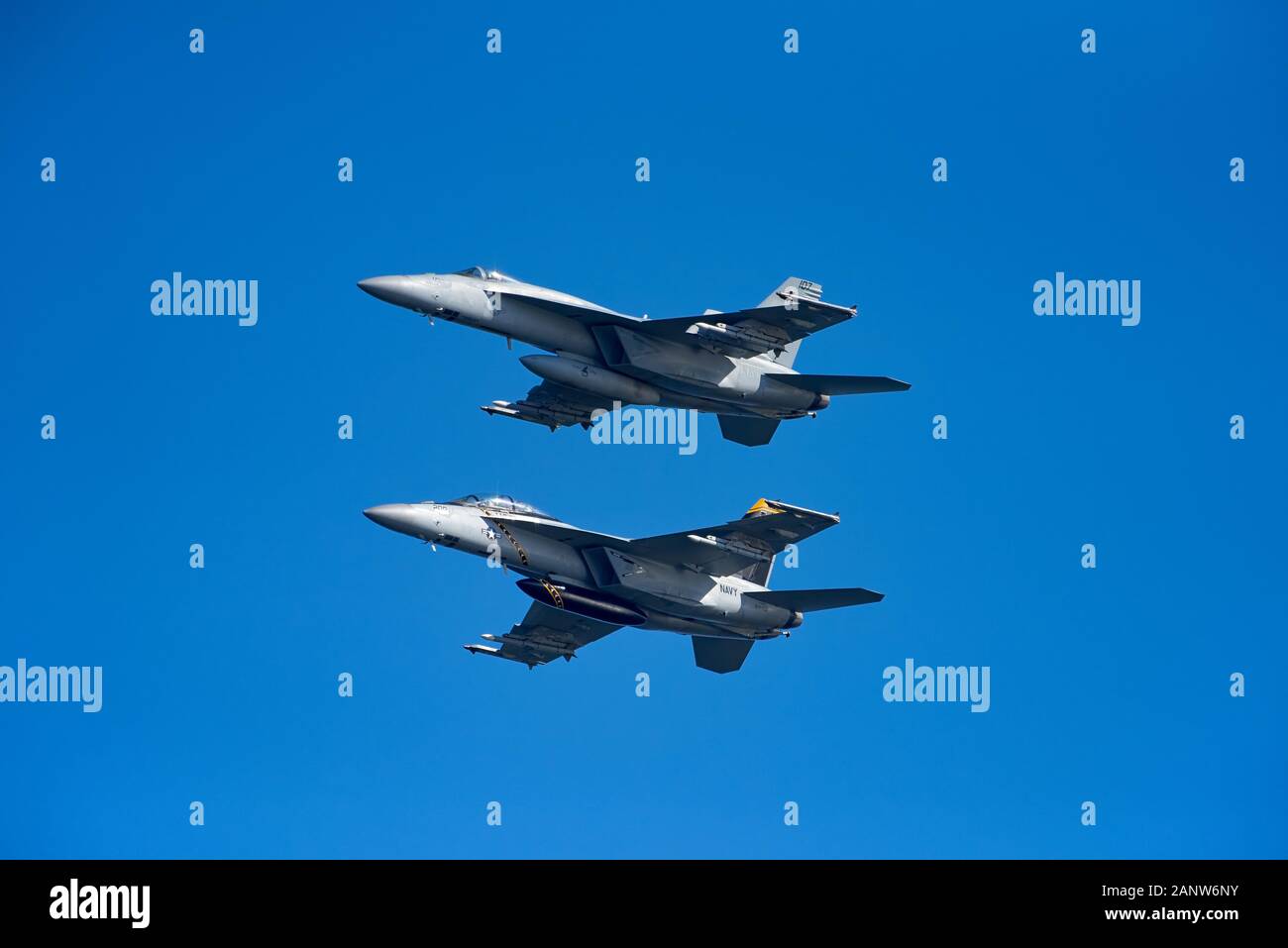 Helsinki, Finland - 9 June 2017: Two US Navy F/A-18 E Super Hornet multirole fighter planes over Helsinki at the Kaivopuisto Air Show 2017. Stock Photo