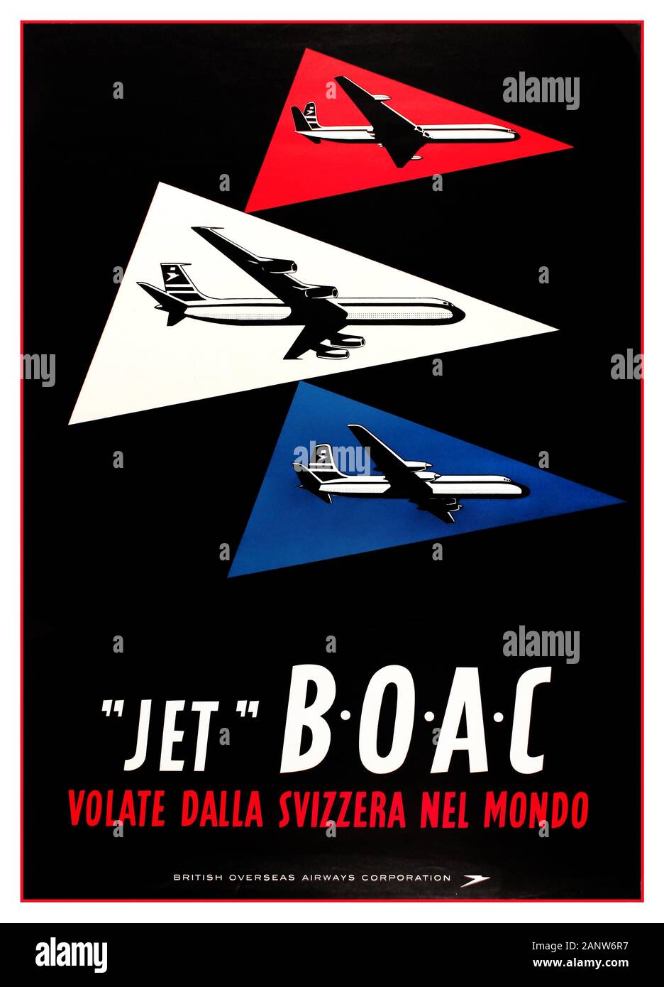 BOAC Vintage travel advertising poster 1960's published in Italian by the British Overseas Airways Corporation (B.O.A.C.) to promote its flights from Switzerland: Fly Worldwide From Switzerland / 'Jet' B.O.A.C Volate dalla Svizzera nel Mundo. Images of three BOAC planes in three different triangles coloured in red, white and blue against a black background with the title below in stylised white and red letters and the BOAC speedbird logo in white. Printed in Switzerland by Bollmann, Zurich. Country: Switzerland, year of printing: 1960, designer: J Wild, Stock Photo