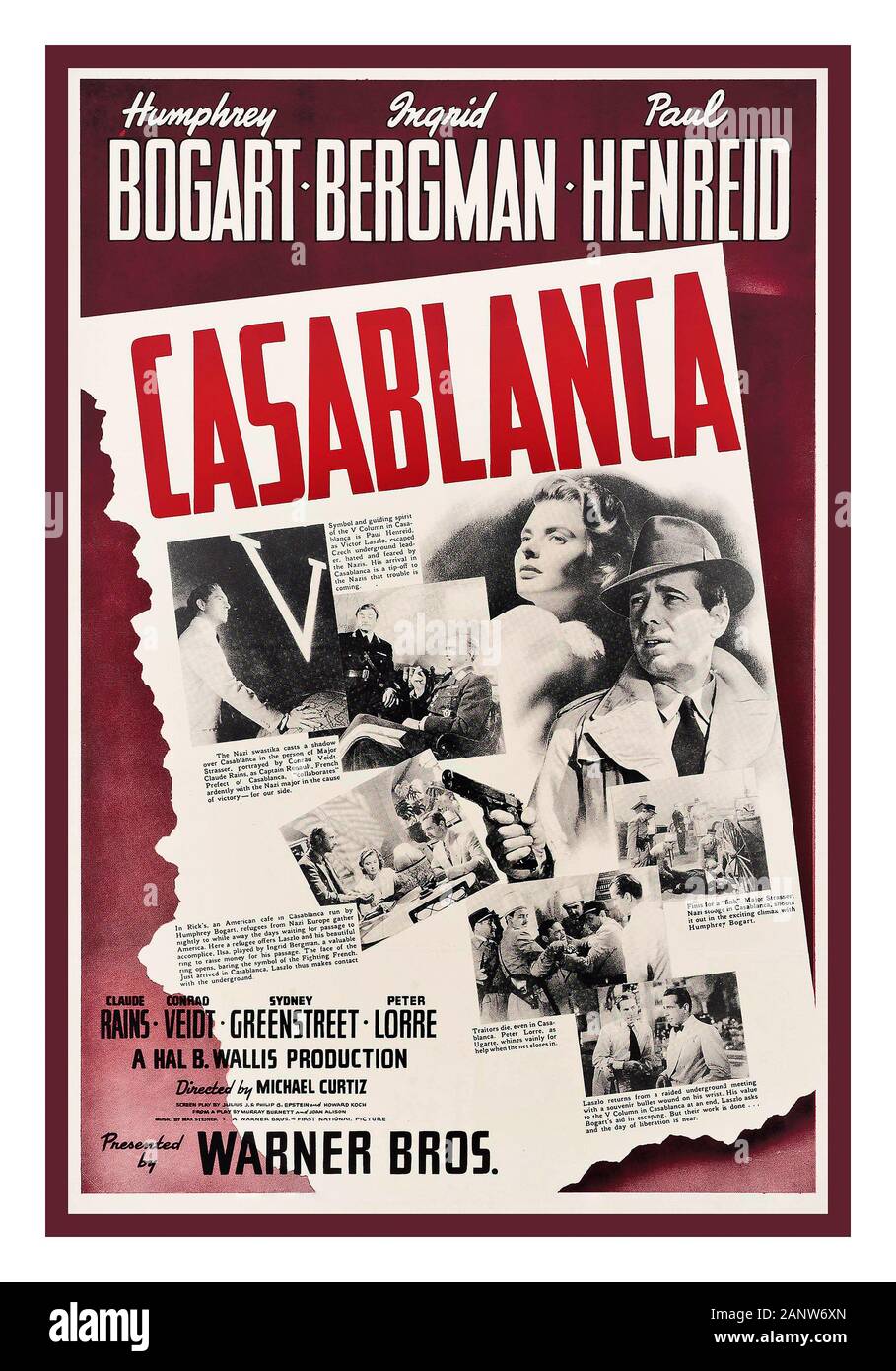 ‘CASABLANCA’ 1940's Vintage Film Movie Poster Casablanca a 1942 American romantic drama film directed by Michael Curtiz. The film stars Humphrey Bogart, Ingrid Bergman, and Paul Henreid; it also features Claude Rains, Conrad Veidt, Sydney Greenstreet, Peter Lorre, and Dooley Wilson. Set during  World War II, it focuses on an American expatriate who must choose between his love for a woman and helping her and her husband, a Czech Resistance leader, escape from the Vichy-controlled city of Casablanca to continue his fight against the Nazis 1942, Warner Bros., U.S. Stock Photo