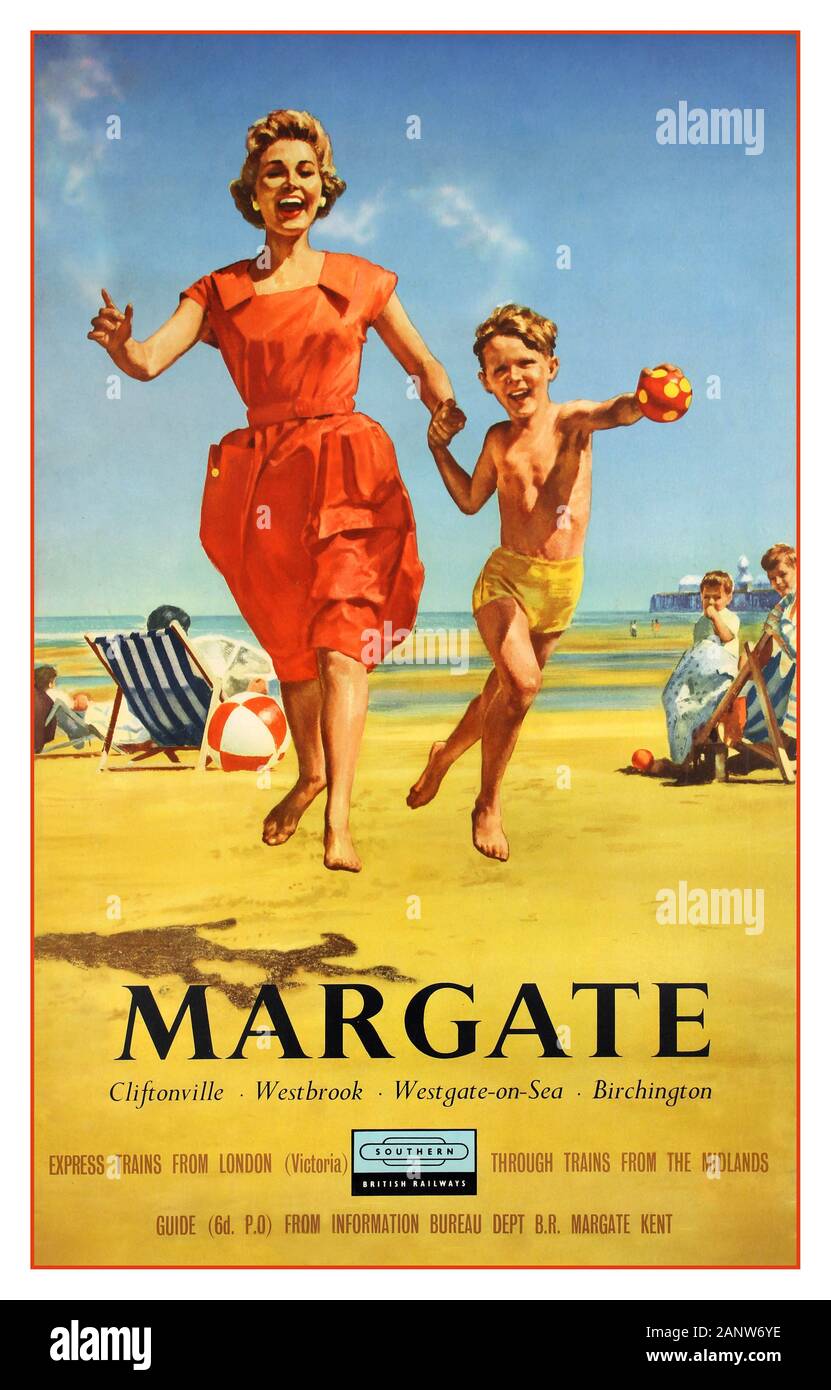 MARGATE Vintage UK 1950’s travel poster for seaside town of Margate in Kent on the South East coast of England featuring illustration of a happy mother and son leaping with joy on the sandy beach Southern British Railways logo below promoting trains from London & Midlands to : Margate, Cliftonville, Westbrook, Westgate-on-Sea, Birchington UK Stock Photo