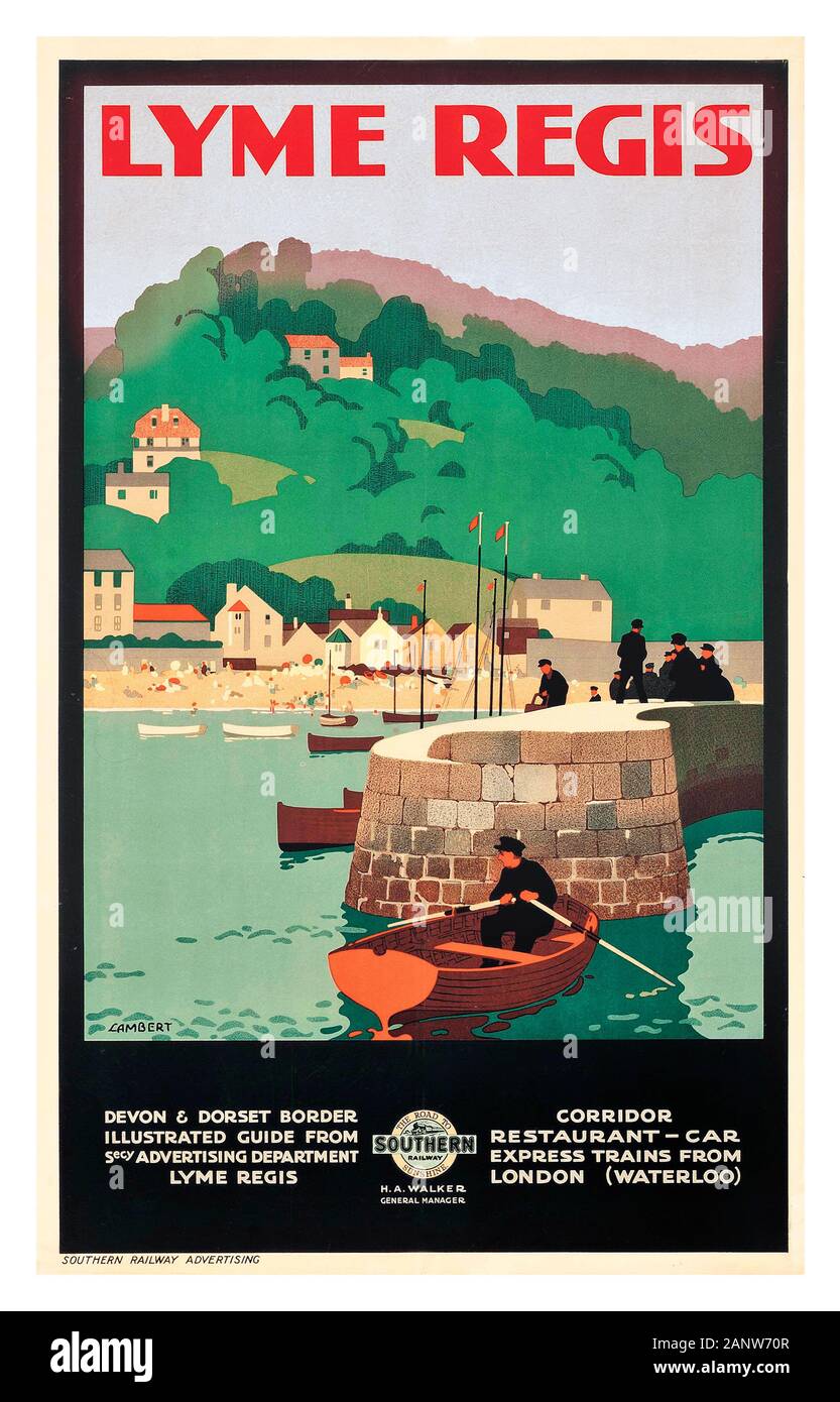 LYME REGIS Vintage 1920’s UK British travel poster for LYME REGIS Devon Dorset borders Southern Railway Advertising promoting Rail Train Travel with Restaurant Car from London to Devon UK lithograph in colour by Alfred Lambert 1926, printed by Avenue Press, London Stock Photo