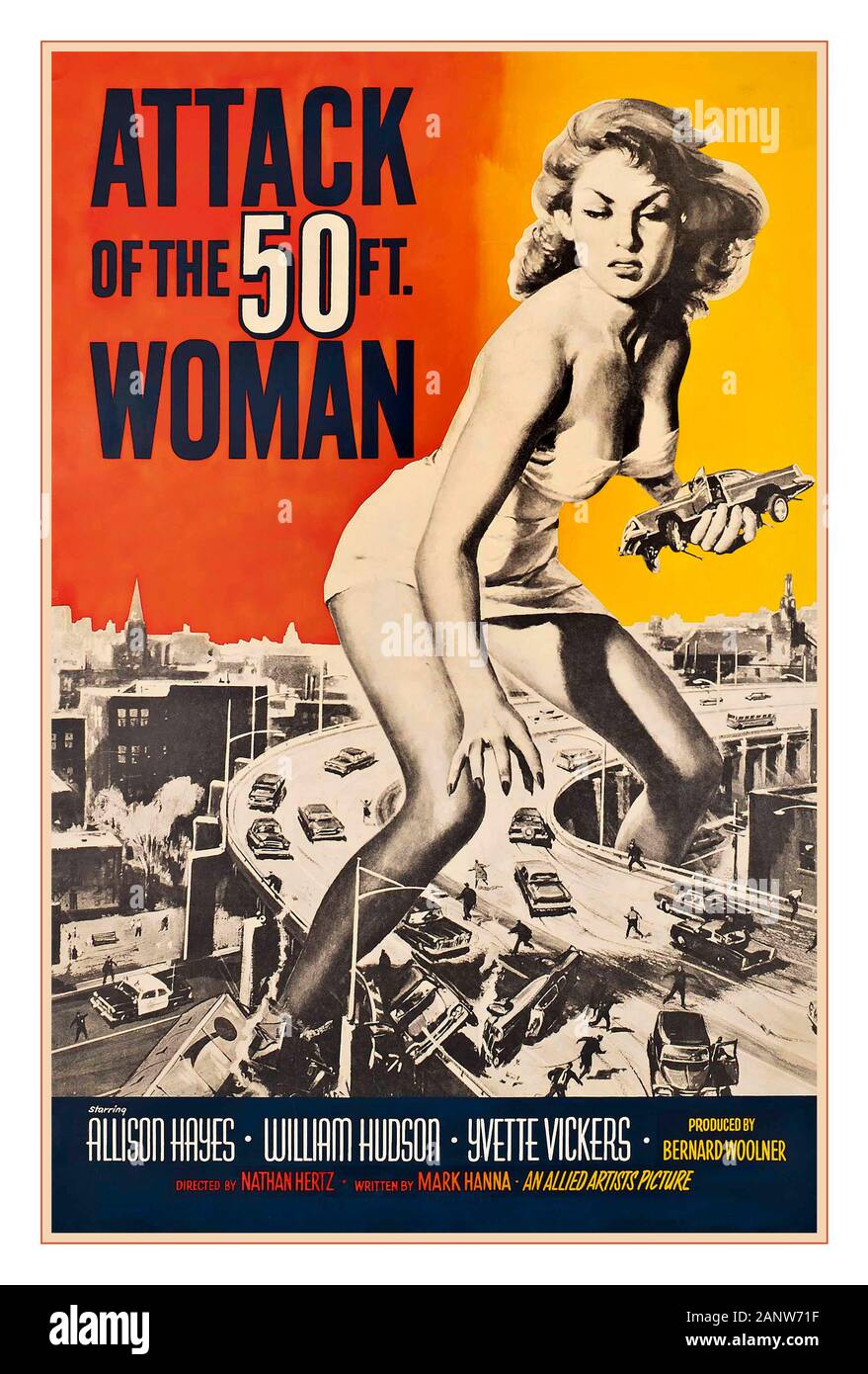 ATTACK of the 50ft WOMAN Vintage 1950's movie film cinema poster ‘ATTACK OF THE 50FT. WOMAN’ 1958 ‧ Cult film/Horror ‧1958, Allied Artists, U.S by Reynold Brown cult horror film featuring Allison Hayes and William Hudson Yvette Vickers Directed by Nathan Juran Stock Photo