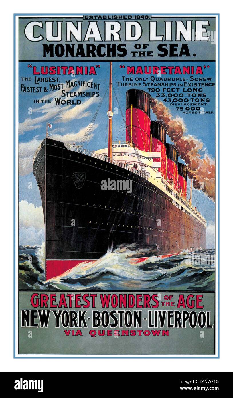 Vintage CUNARD LINE 1907 ‘Monarchs of the Sea’ vintage travel poster produced for Cunard Line to promote transatlantic voyages with their two Steamships Lusitania and Mauretania. New York Boston Liverpool via Queenstown.. ‘Greatest wonders of the age’ Stock Photo