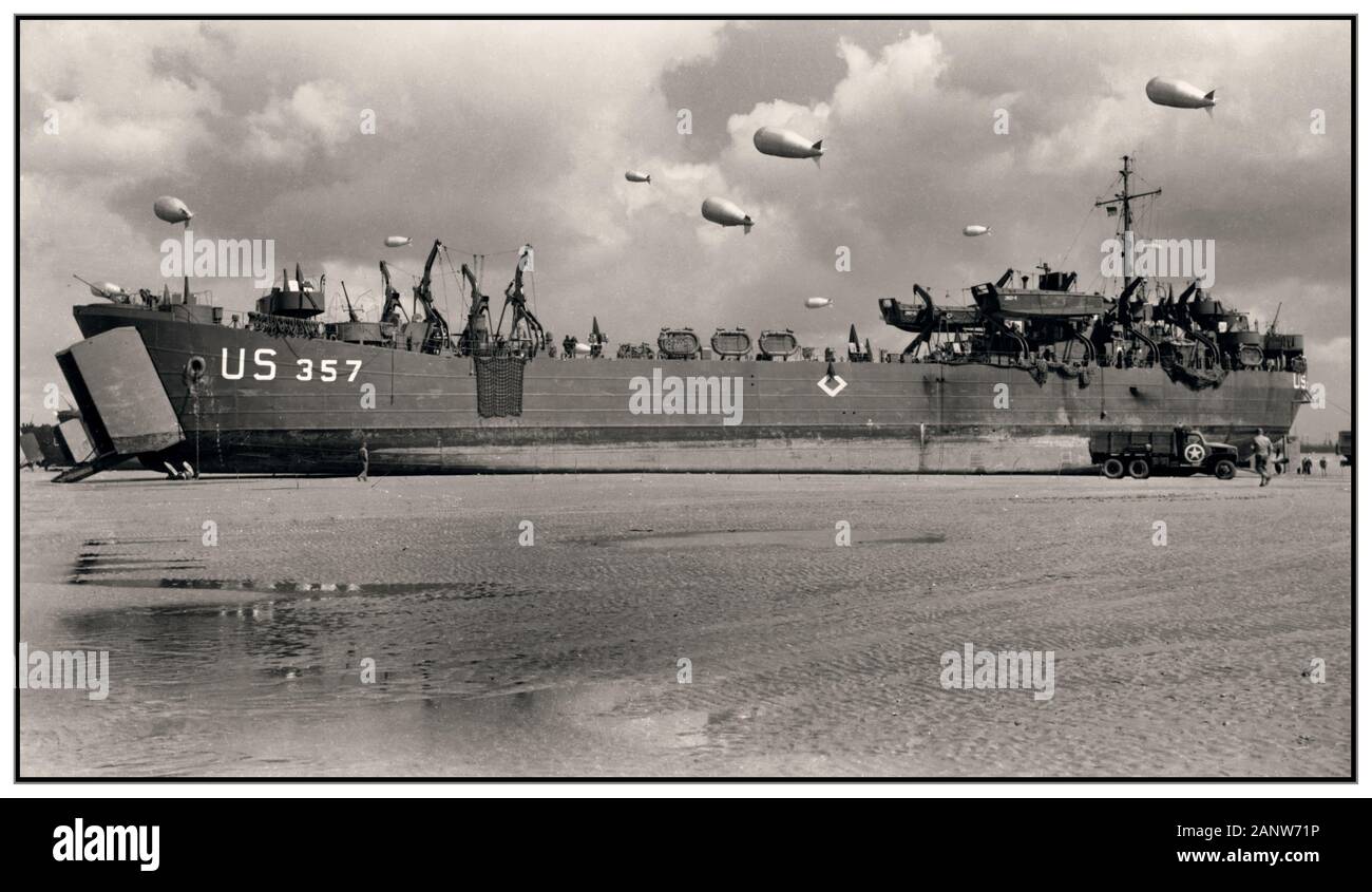 D-DAY Vintage 1944 US LST Landing Craft June 1944 WW2 D-Day Utah Beach Normandy Landings World War II Normandy France American US Navy Ship LST 357 on Utah Beach Landings D-Day The LST, short for 'Landing Ship Tank', came about after the Dunkirk evacuation demonstrated a dire need for large seafaring transports for large tank like vehicles. Utah Beach Normandy France Stock Photo