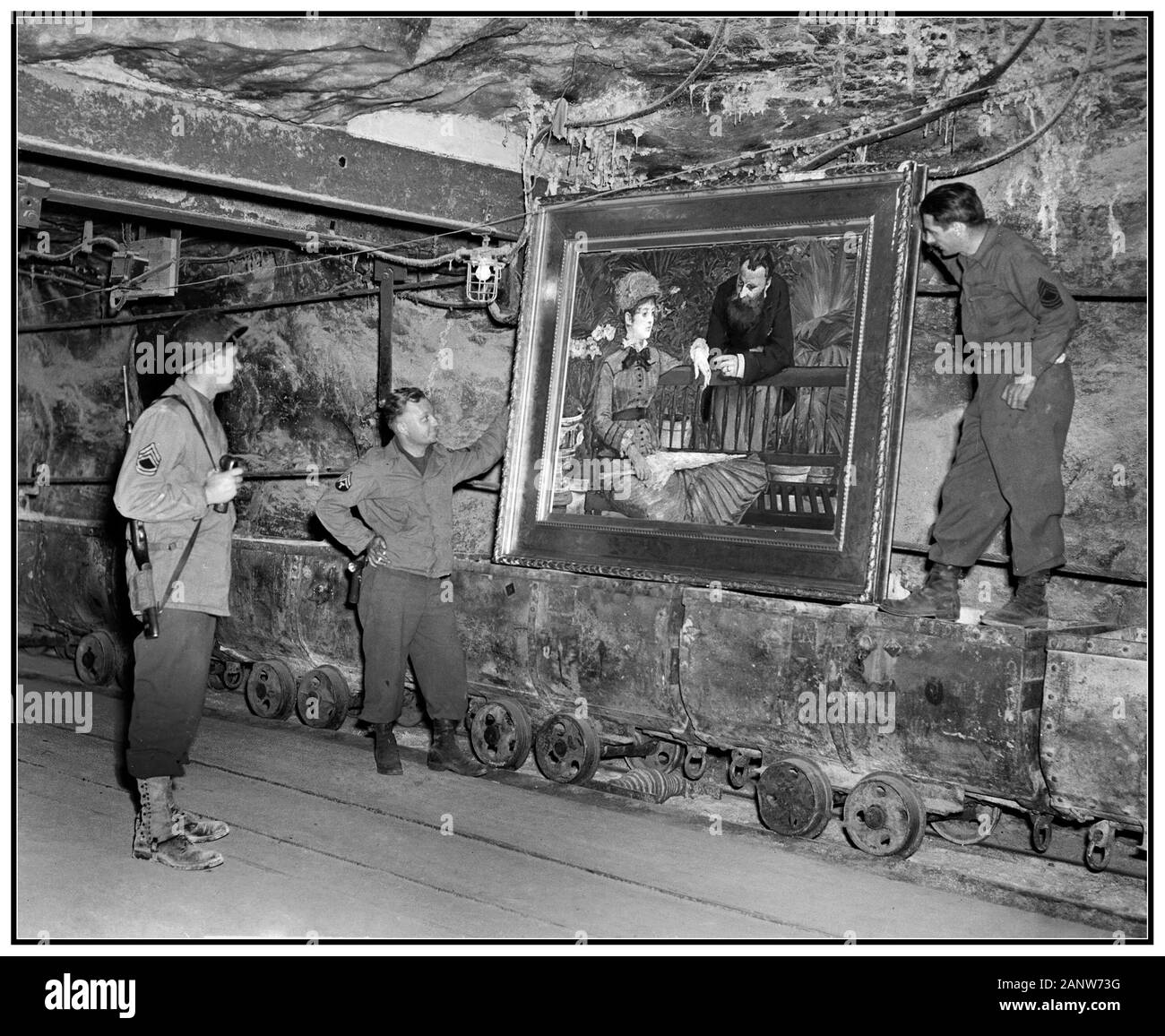 WW2 NAZI ART LOOT PLUNDER LOOTED STOLEN ARTWORK  A painting by the French Impressionist Edouard Manet, titled 'Dans la serre', discovered by American army GI’s in a vault at Merkers mine. Germany, 25 April 1945. Stock Photo