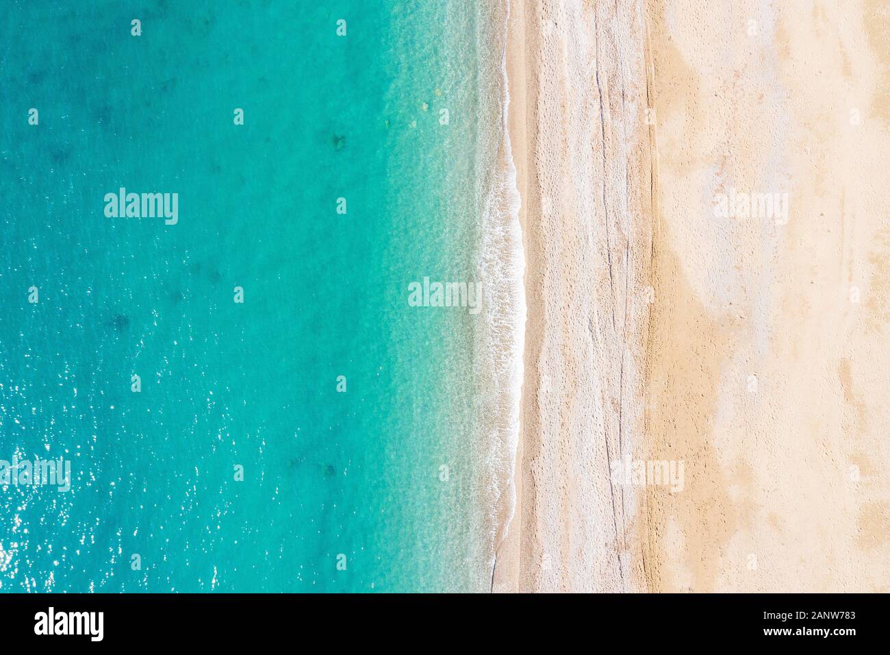 Aerial view of turquoise sea waves and sandy beach, Turkey, Antalya Stock Photo