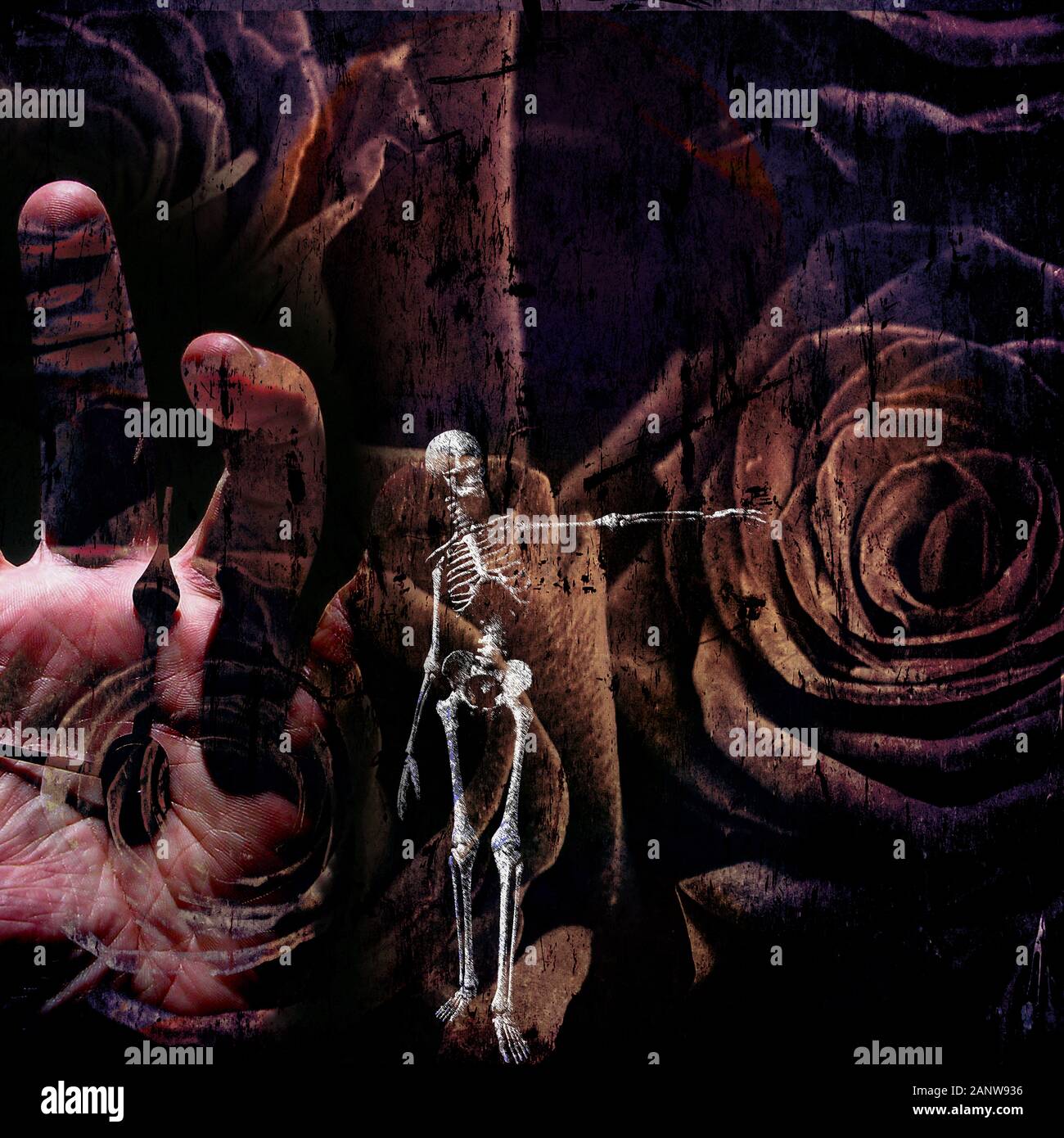 The ticking clock. Grunge Composition with Skeletal figure, time, human