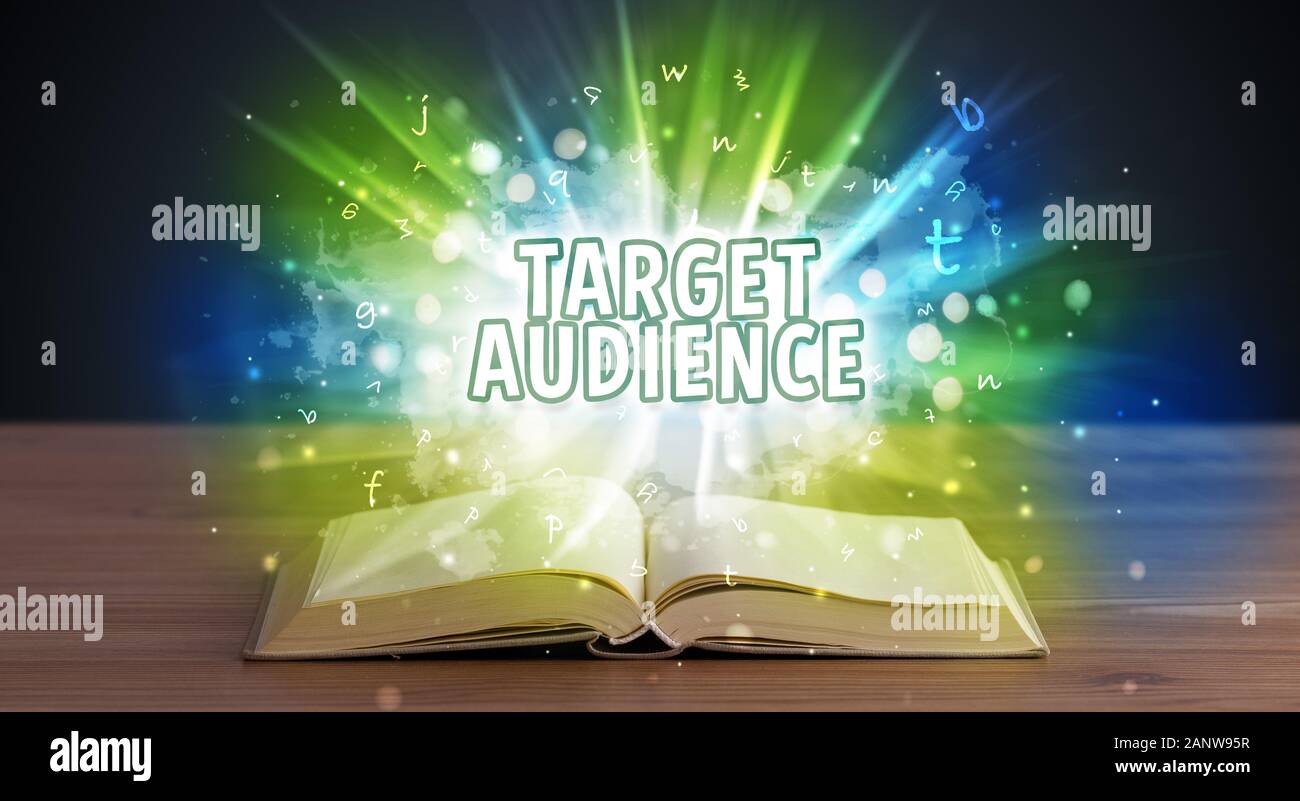 TARGET AUDIENCE inscription coming out from an open book, educational