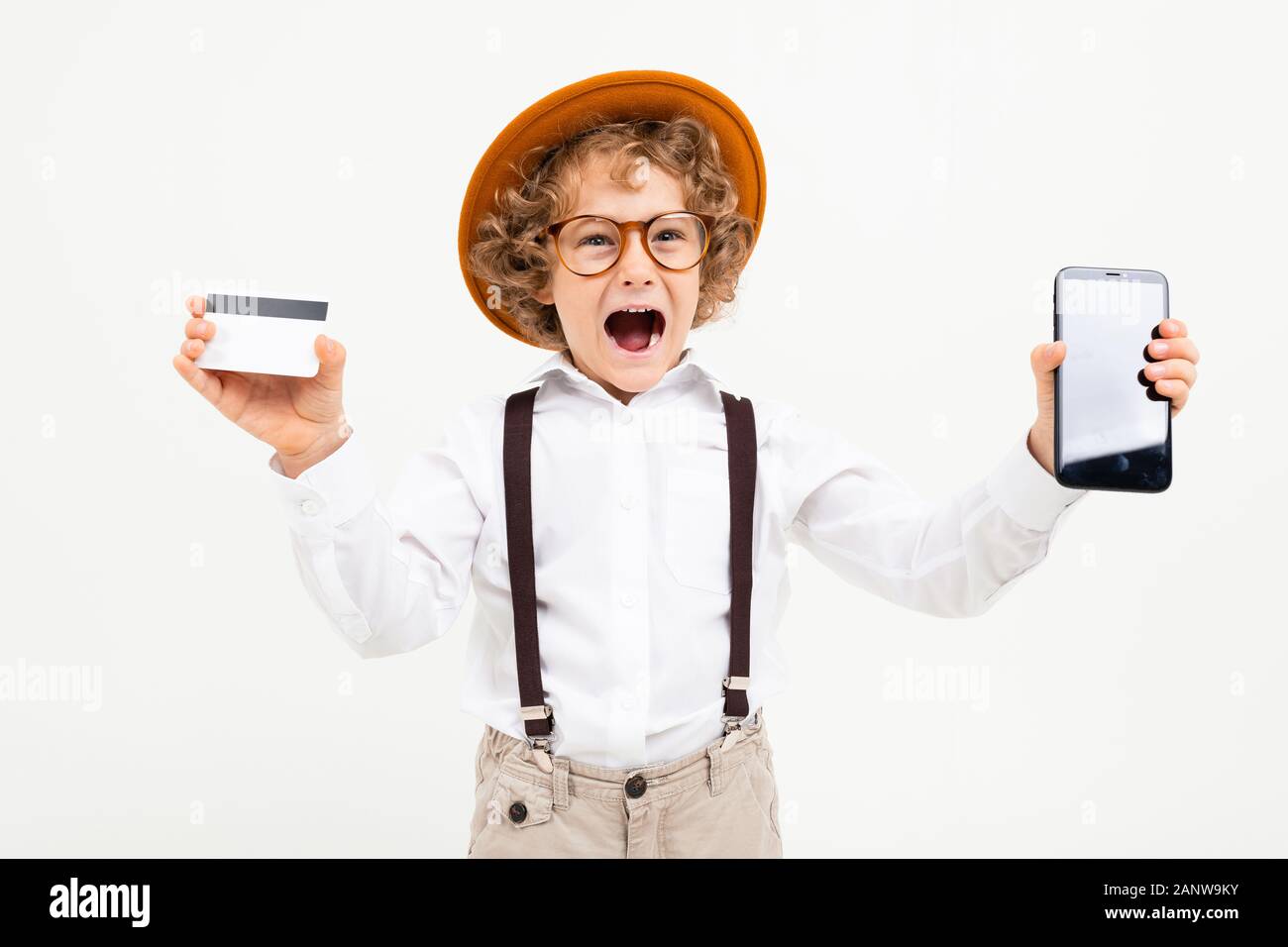 Beautiful Boy With Curly Hair In White Shirt Brown Hat Glasses