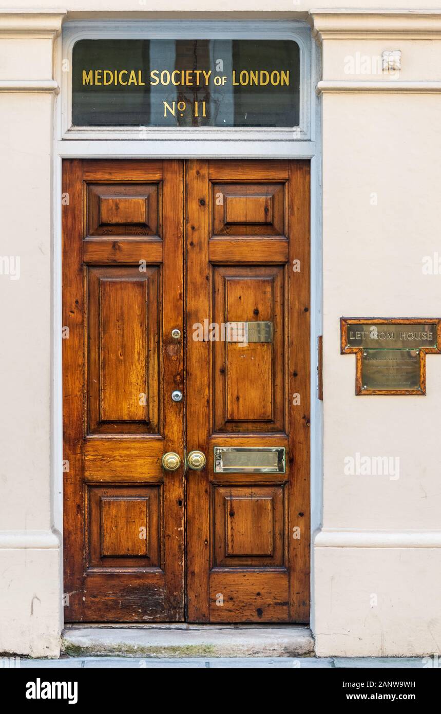 Medical Society of London Doorway at 11 Chandos Street Cavendish Square London. The society was founded 1773 as a medical practitioners meeting place. Stock Photo
