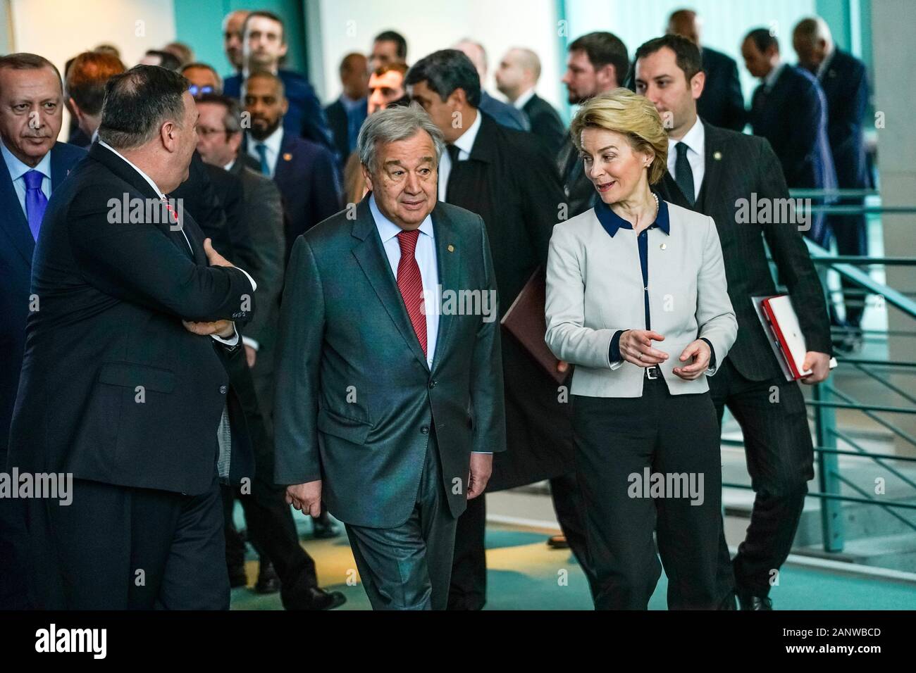 January 19, 2020, Recep Tayyip Erdogan, President of Turkey, Mike Pompeo, Secretary of State of the USA, Antonio Guterres, Secretary General of the United Nations and Ursula von der Leyen, EU Commission President, arriving at the Berlin Libya Conference at the Federal Chancellery in Berlin. The meeting walks around a permanent ceasefire in Libya. | usage worldwide Stock Photo