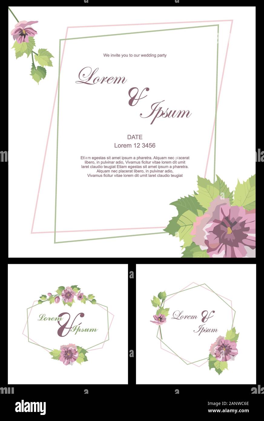 Set of card with flower and leaves for wedding invitation. Lettering . Floral poster, invite. Vector decorative greeting card or invitation design bac Stock Photo