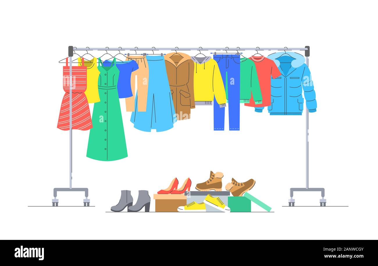 Men and women casual clothes on hanger rack. Boxes with shoes. Flat lines vector illustration. Male and female garments hanging on shop rolling displa Stock Vector