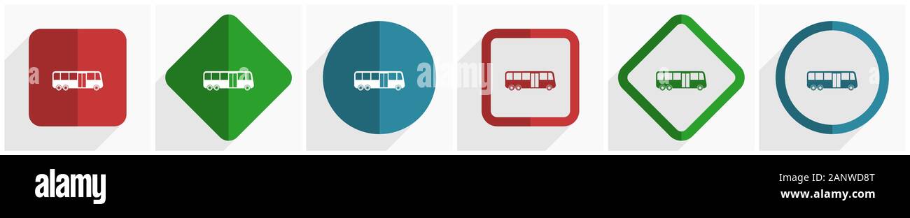 Bus icon set, flat design vector illustration in 6 options for ...