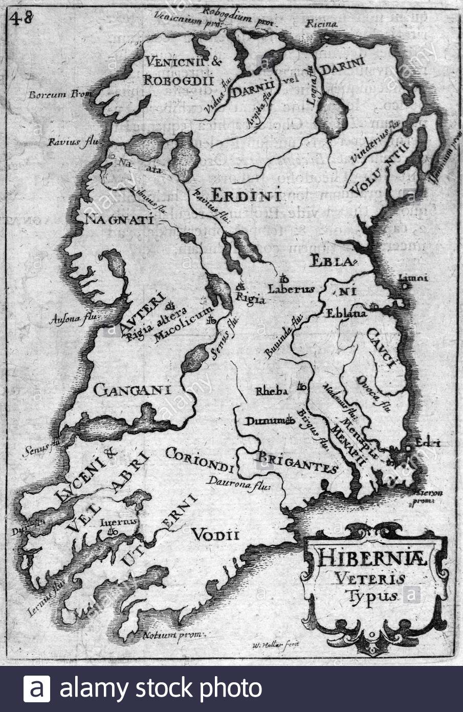 Map of Ireland, etching by Bohemian etcher Wenceslaus Hollar from 1600s Stock Photo