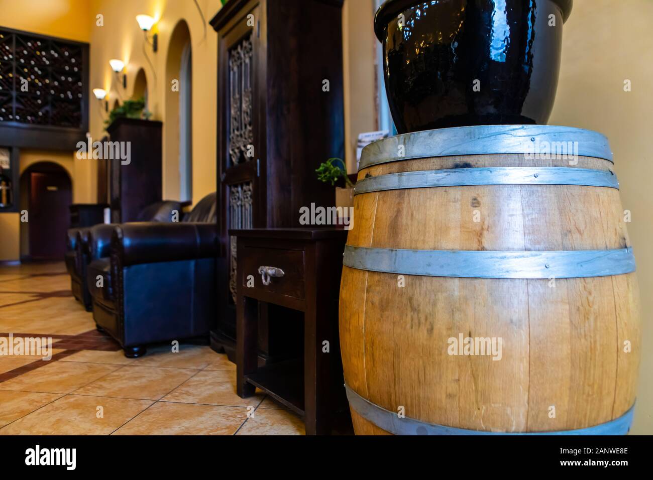 winery shop and tasting room interior furniture and decor, old oak ...