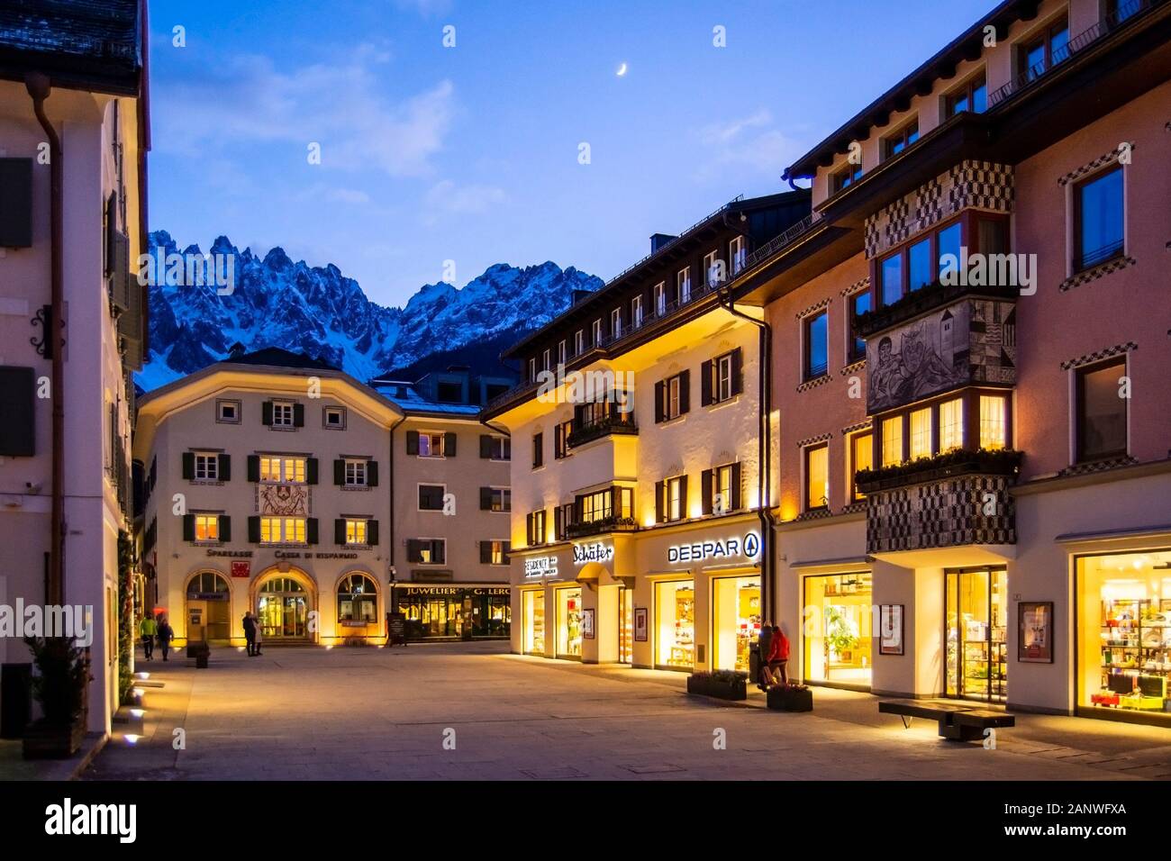 San Candido / Innichen by night in South Tyrol / Alto Adige, Italy during winter season Stock Photo
