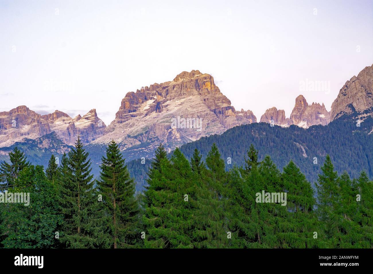 Brenta Dolomites seen from below Madonna di Campiglio on a beautiful summer day by dusk in Trentino, Italy Stock Photo