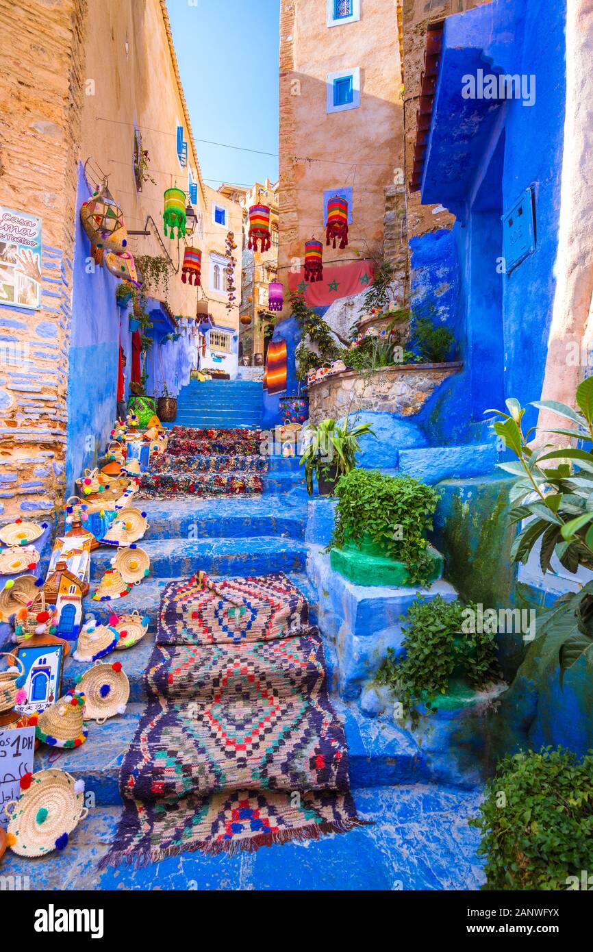 Chefchaouen, a city with blue painted houses and narrow, beautiful, blue streets, Morocco, Africa Stock Photo